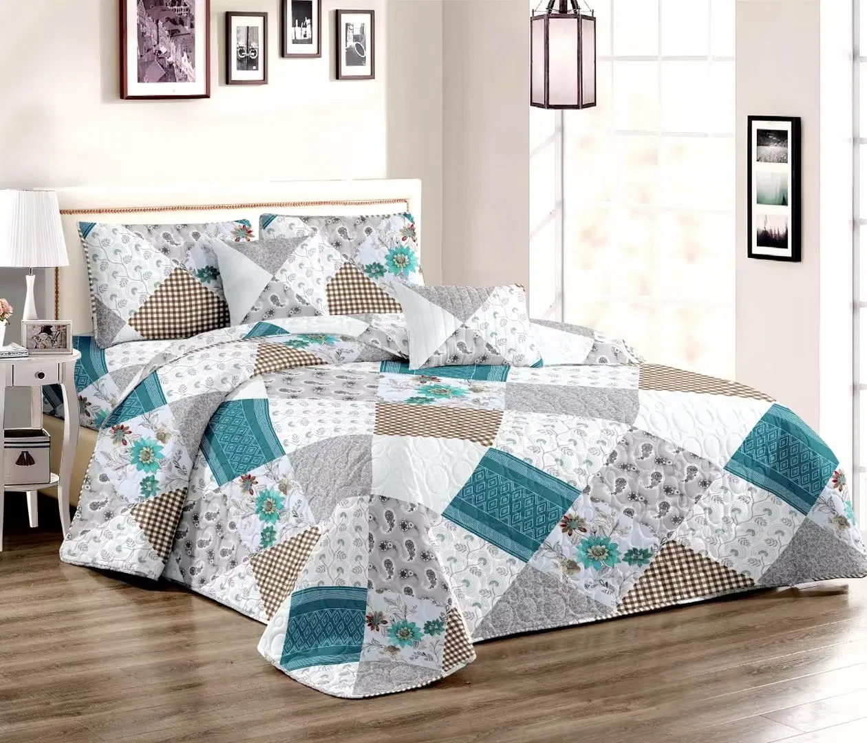 2023OEM 5 Pieces Bedding Sets Solid/Printed Ultrasonic Microfiber Bedspread/Quilt with Multi- Colors Bedsheet