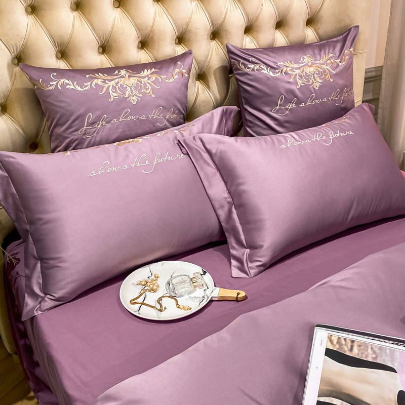 Odmoem Washed Silk Purple Quilt Comforter Duvet Cover Sabanas Queen King Bed Sheets Pillow Cases Bed Linen 4PCS Home Textile Luxury Gold Embroidery Bedding Set