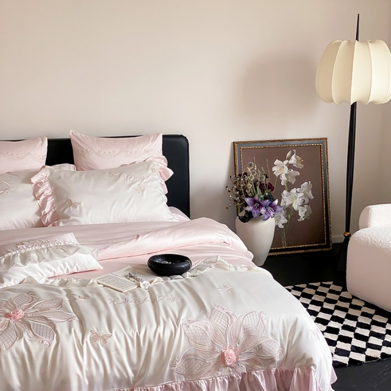 Class a Pink Lyocell Bamboo Fiber Embroidered Duvet Cover Cooling Bed Sheets Home Four-Piece Bedding Set