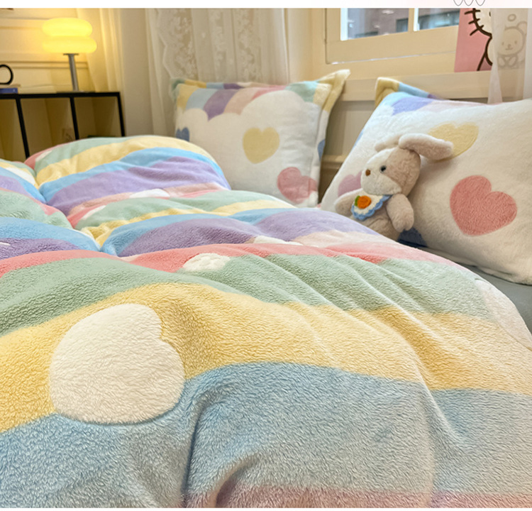 Winter Flannel Duvet Cover Fashion Dual-Color Soft Warm Zipper Bedding Sets