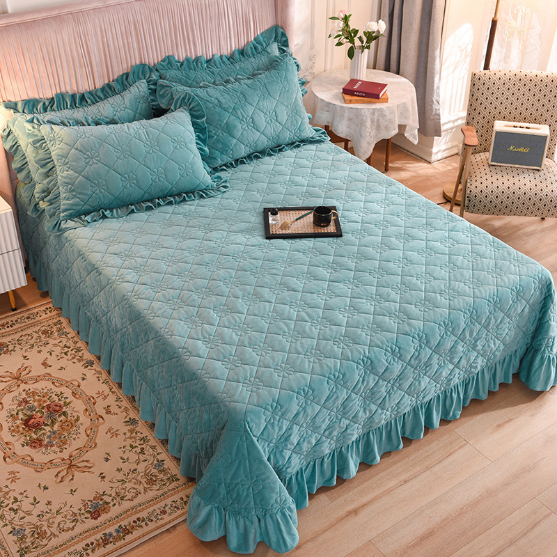 Warmful Velvet Ruffled Bedskirt Sets Embroidered Quilted for Home Use Winter Warm Bedding Basic