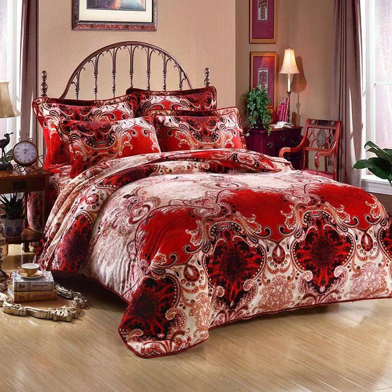 Red Floral Plant Jacquard Home Textile Milk Fleece Bed Sheets Bed Linen 1.8/2.2m Duvet Cover Flannel Four Piece Pillow Shams Bed Skirt Bedding Set Wholesale
