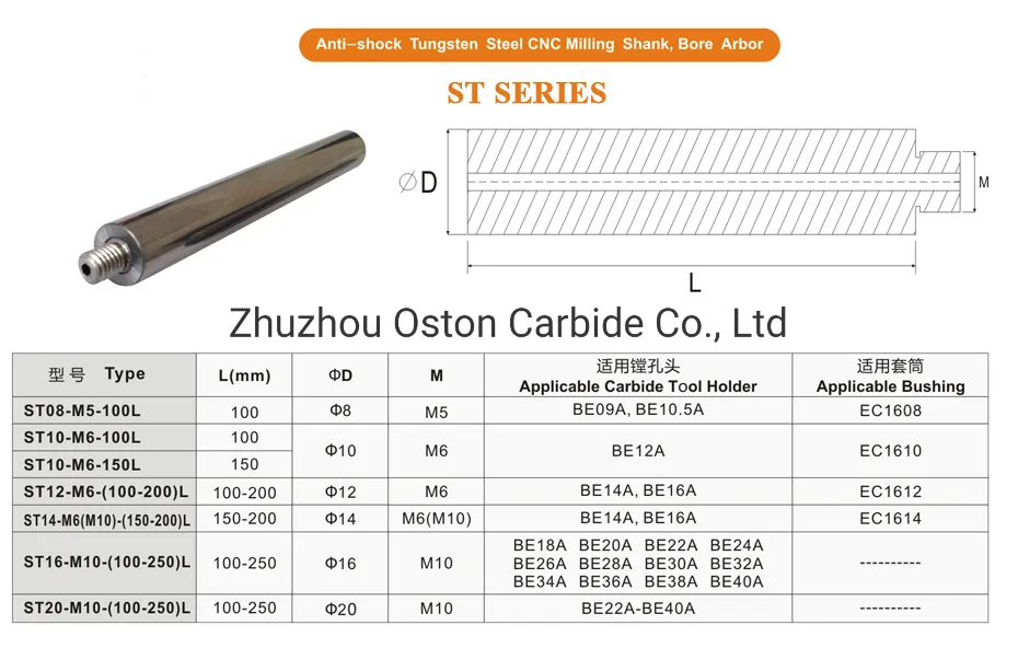 Adaptador de haste personalizada de carboneto da série St para ferramentas de máquina de fresagem CNC