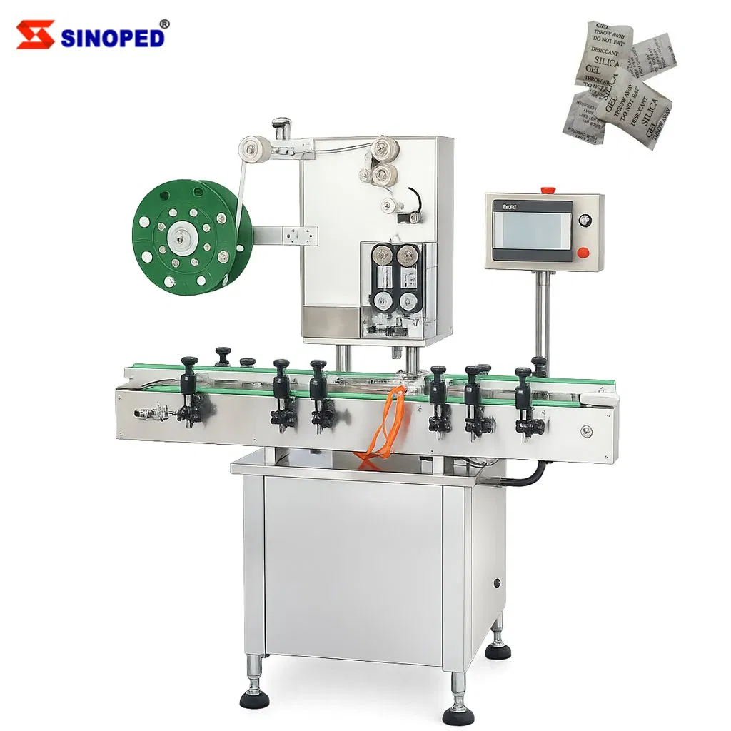 Equipamento de Inserção de Garrafa Dessecante de Velocidade Ajustável Di-200, Alimentador de Saco de Umidade para Latas de Lanches Sólidos