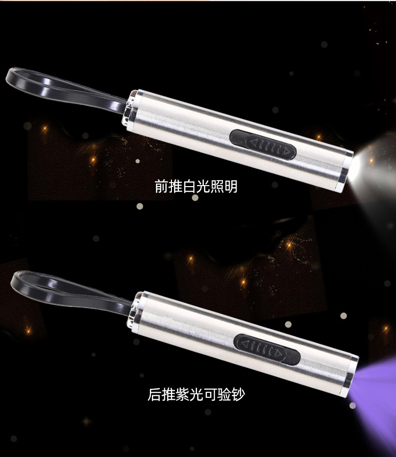 Two-in-One UV Fluorescent Agent Detection Pen Lighting Flashlight Small Portable Stainless Steel Mini Banknote Inspection Lamp