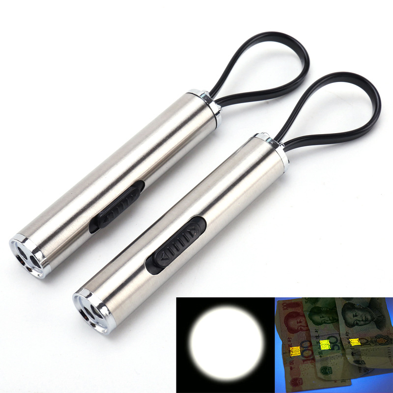 Two-in-One UV Fluorescent Agent Detection Pen Lighting Flashlight Small Portable Stainless Steel Mini Banknote Inspection Lamp
