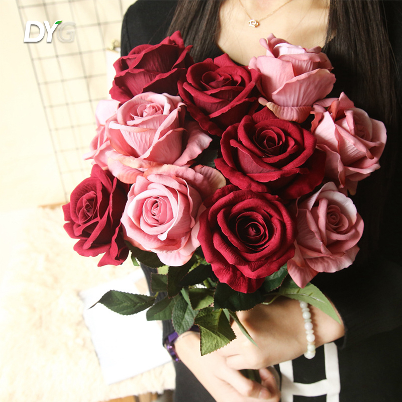 ODM Artificial Red Flowers Pearl Flannel Silk Roses Faux Bridal Wedding Bouquet for Home Garden Party Floral Decor Factory, Factories