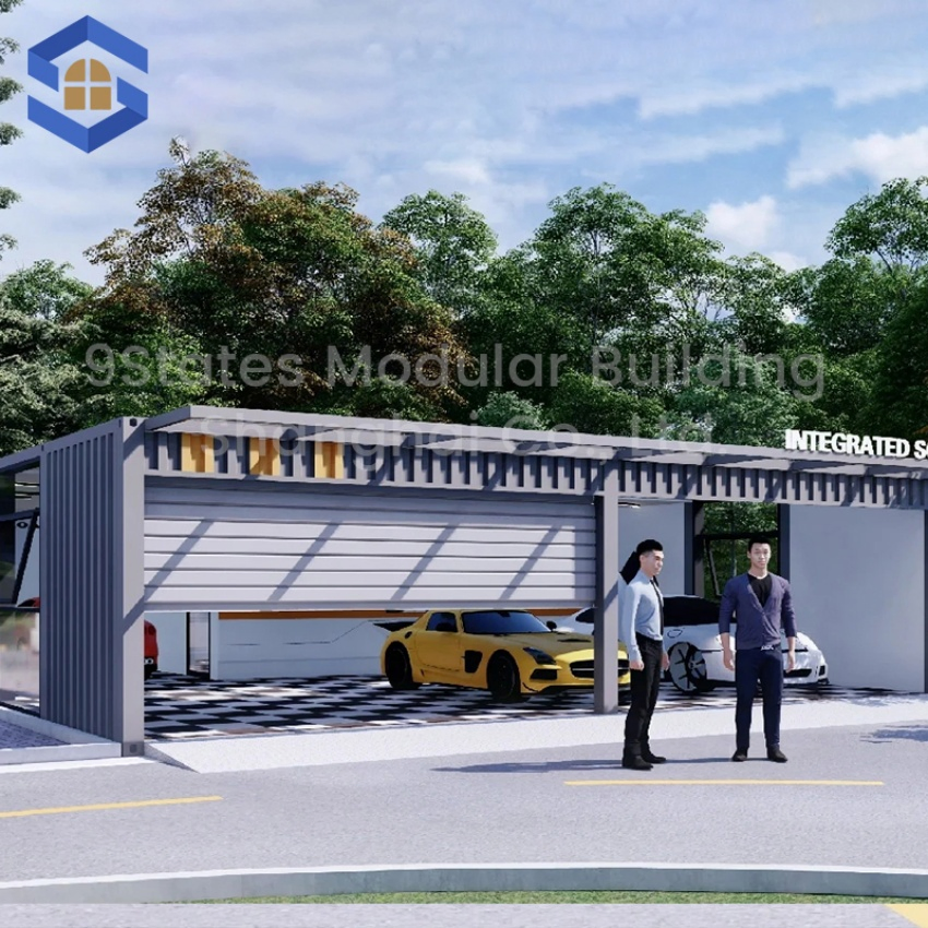 Bungalow móvil de contenedor plano empaquetado libre personalizable para garajes en calles comerciales tiendas a lo largo de la calle