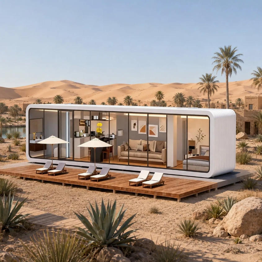 Contenedor de vivienda prefabricado tipo cápsula de manzana, estructura de acero, diseño múltiple