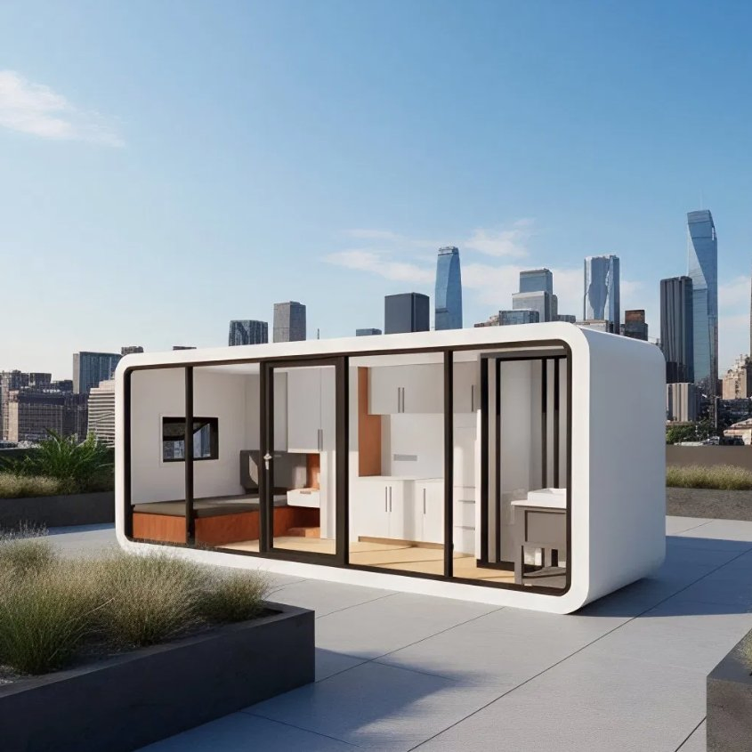 Contenedor de vivienda prefabricado tipo cápsula de manzana, estructura de acero, diseño múltiple