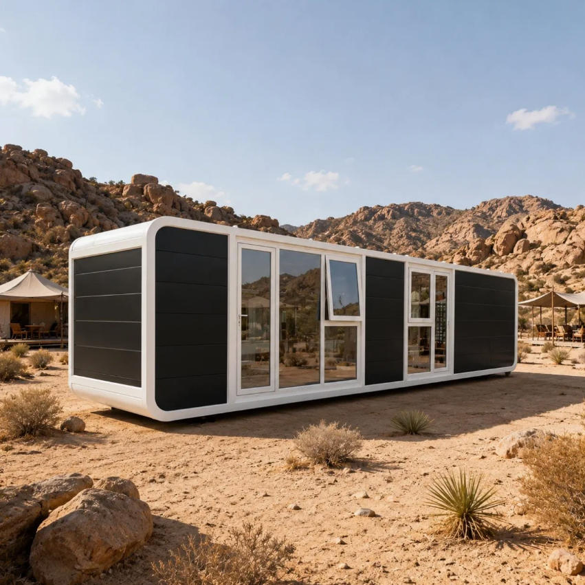 Contenedor de vivienda prefabricado tipo cápsula de manzana, estructura de acero, diseño múltiple