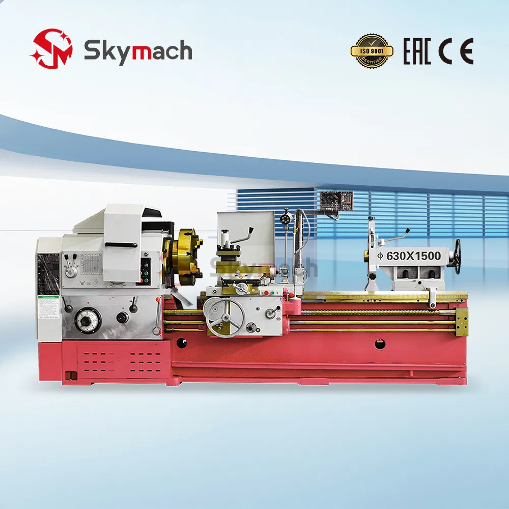 Cw6263 Manual Lathe Machine Featuring a Wide Bed and Geared Drive System for Machining Large Shafts, Flanges, and Common Industrial Components.