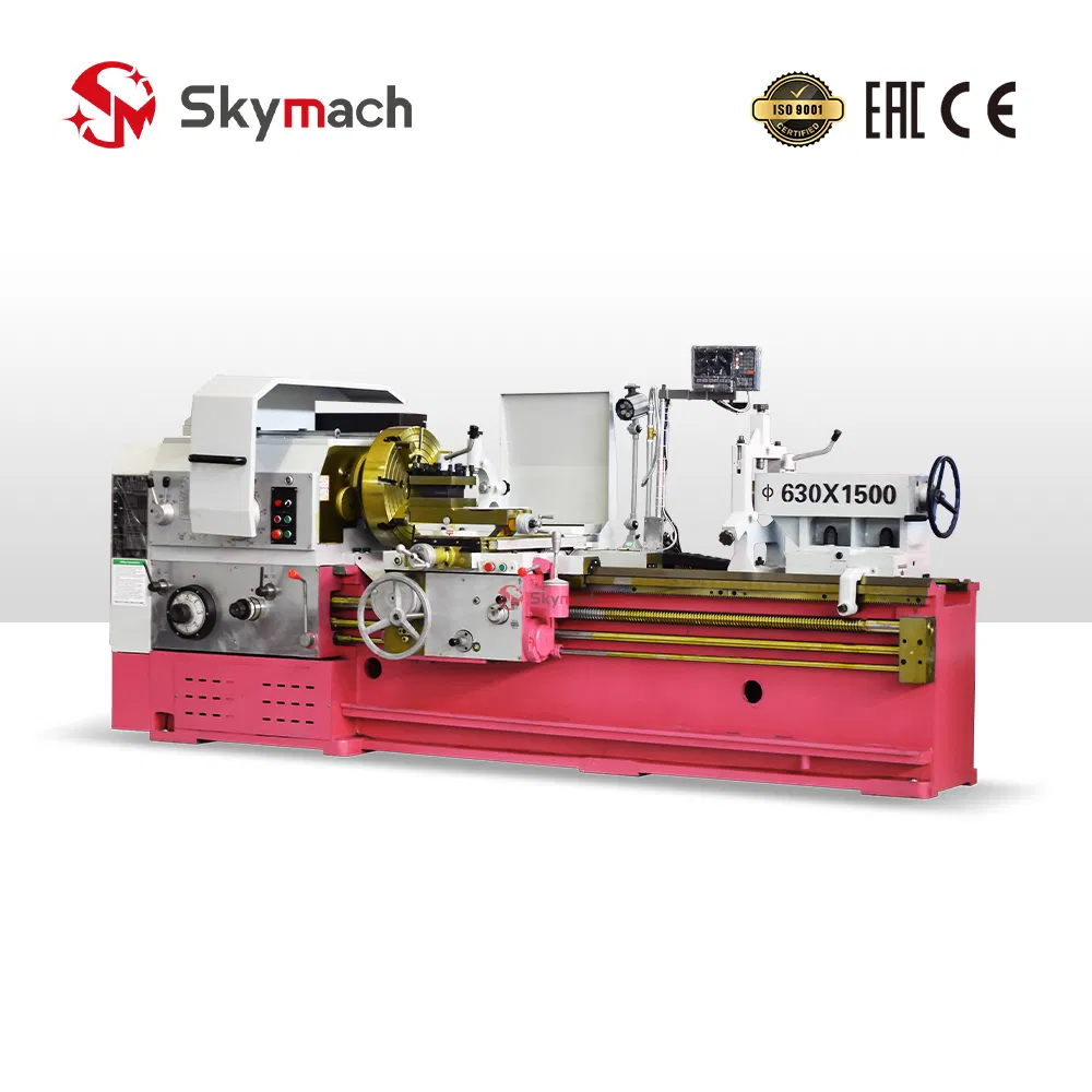 Cw6263 Manual Lathe Machine Featuring a Wide Bed and Geared Drive System for Machining Large Shafts, Flanges, and Common Industrial Components.