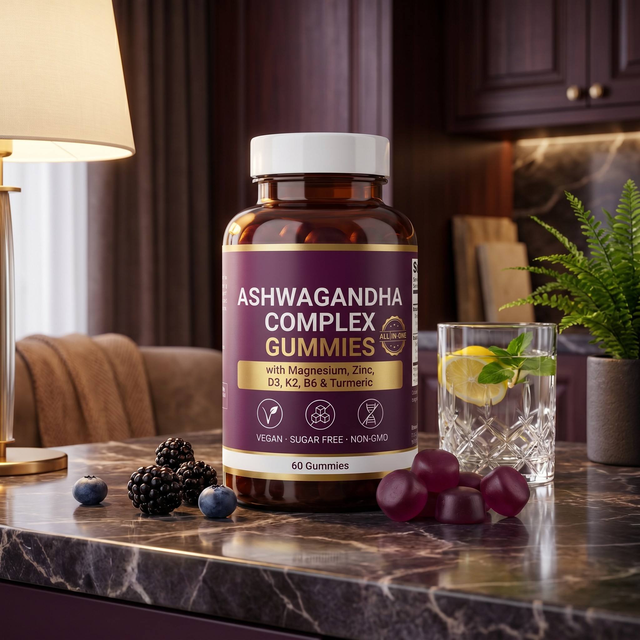 Organic Ashwagandha Complex Gummies With Magnesium Zinc Vitamin D3 K2 B6 Turmeric Vegan Sugar Free Private Label OEM Wholesale