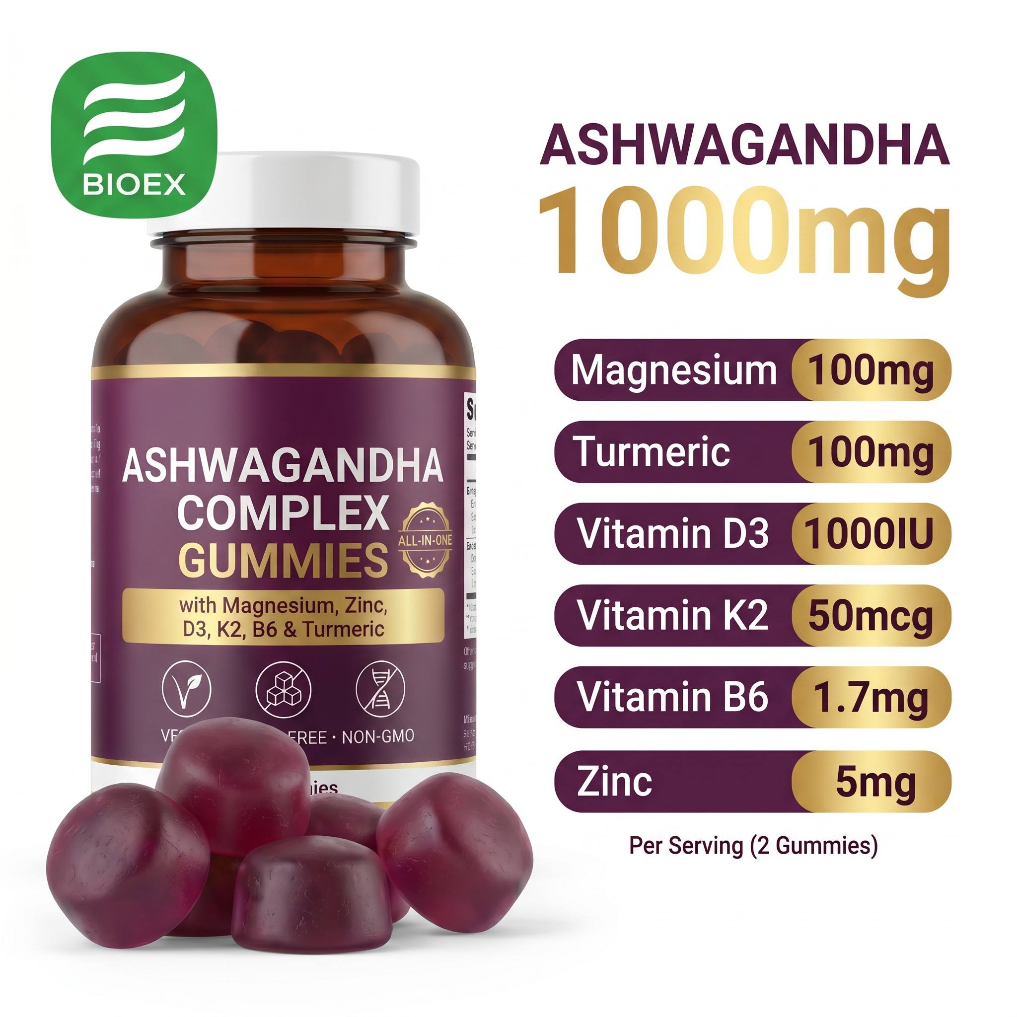 Organic Ashwagandha Complex Gummies With Magnesium Zinc Vitamin D3 K2 B6 Turmeric Vegan Sugar Free Private Label OEM Wholesale