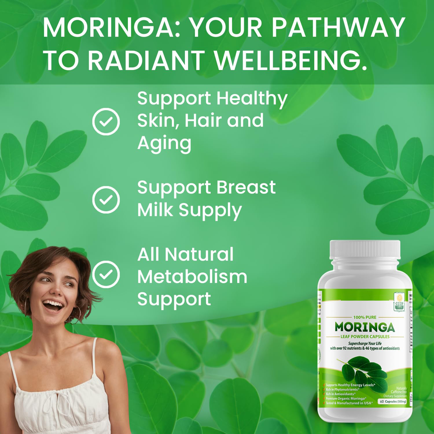 Biochealth GMP Halal Organic Moringa Capsules - Pure Moringa Oleifera Leaf Powder Supplement | Super Greens Powder Pills