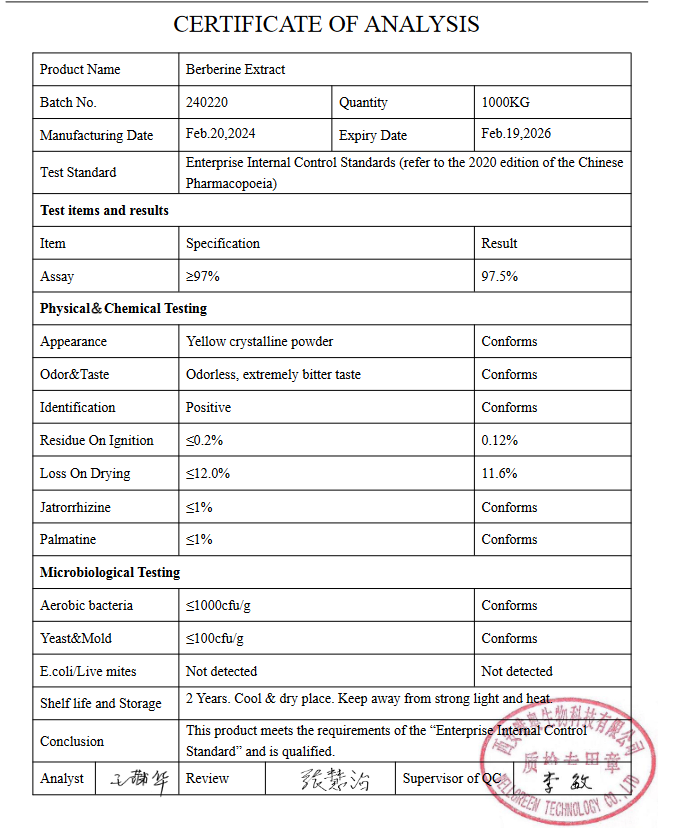 Berberine Hydrochloride 99% HPLC Berberine HCl Supplement Powder