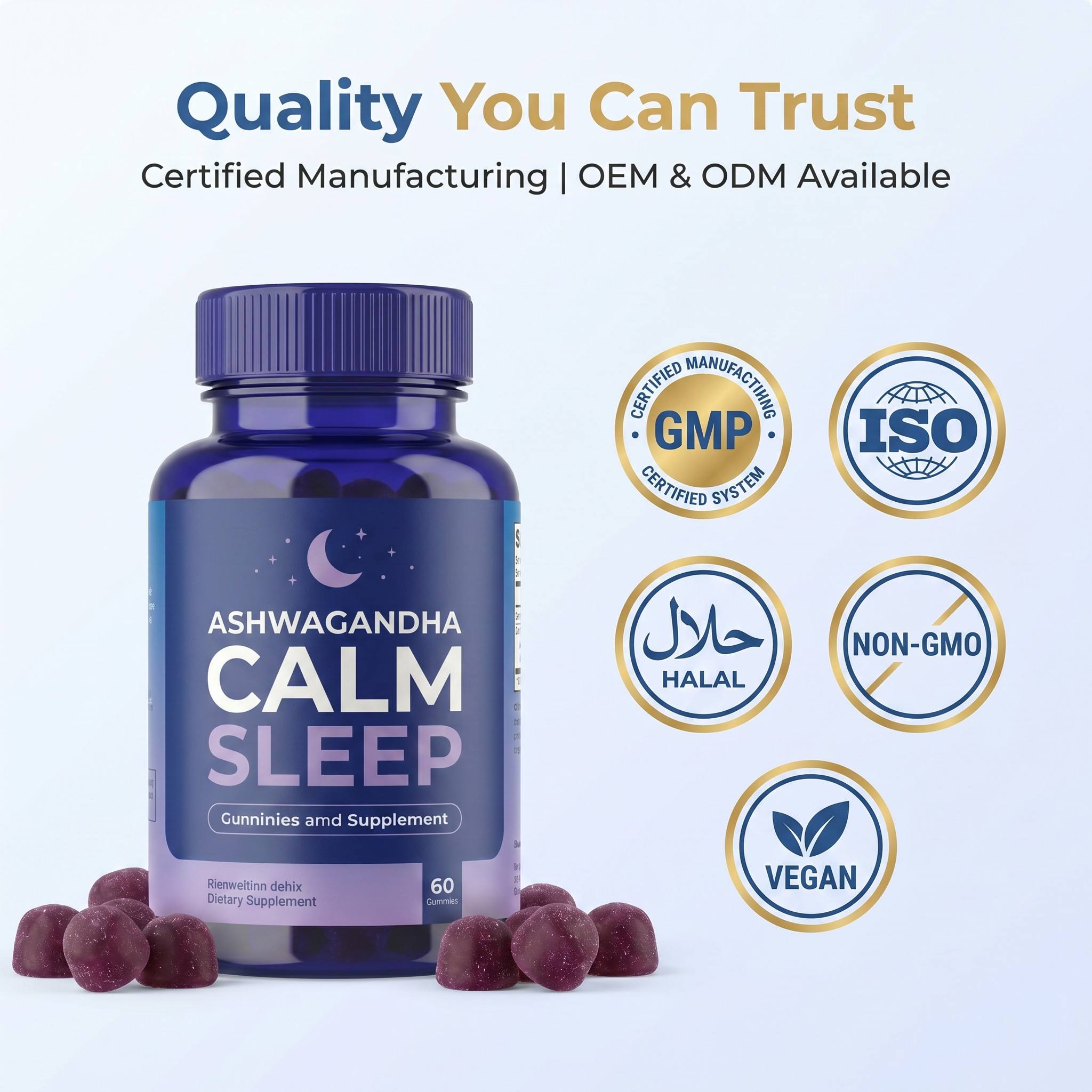 Ashwagandha L-Theanine GABA Magnesium Vitamin D3 Gummies Mixed Berry Vegan Sugar-Free Calm Sleep Support Ashwagandha Gummies