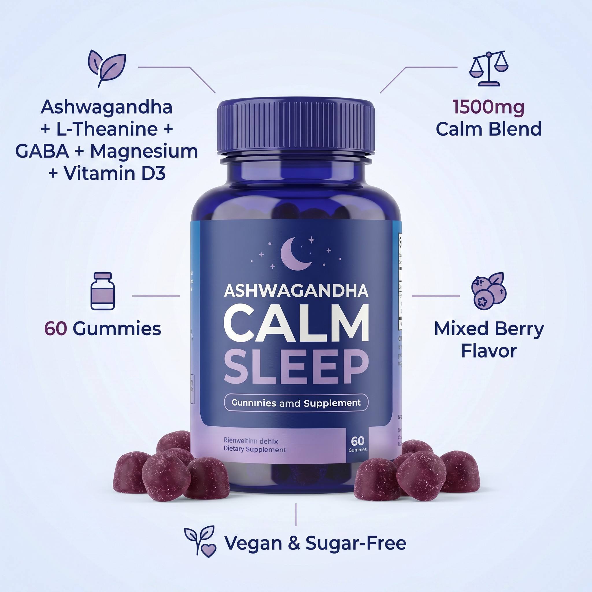 Ashwagandha L-Theanine GABA Magnesium Vitamin D3 Gummies Mixed Berry Vegan Sugar-Free Calm Sleep Support Ashwagandha Gummies