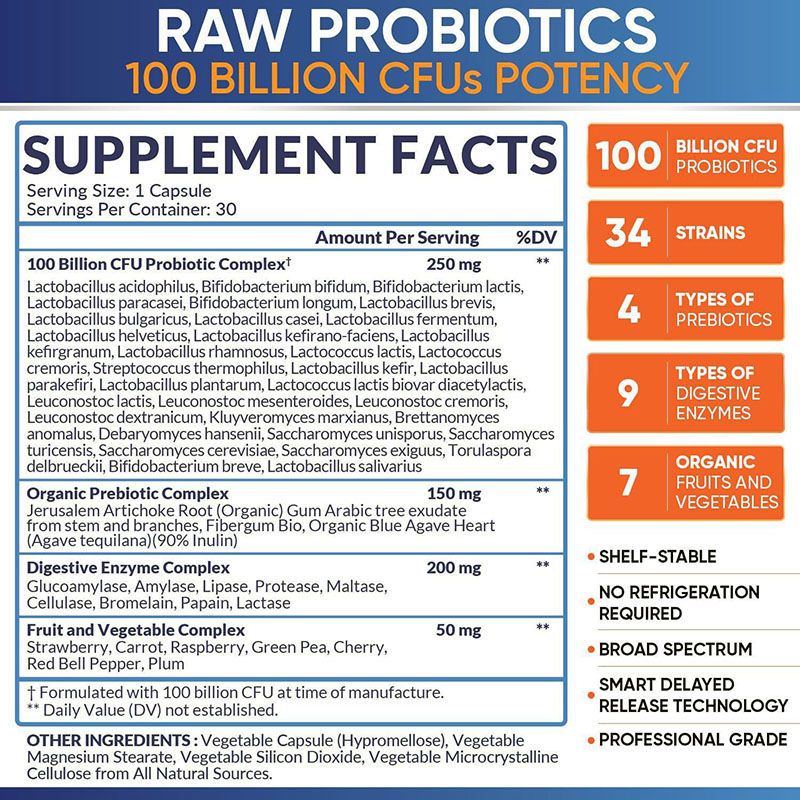Raw Probiotics Powder Supplement With Prebiotic Probiotics 100 Billion CFU 34 and Digestive Enzymes Probiotic Capsule