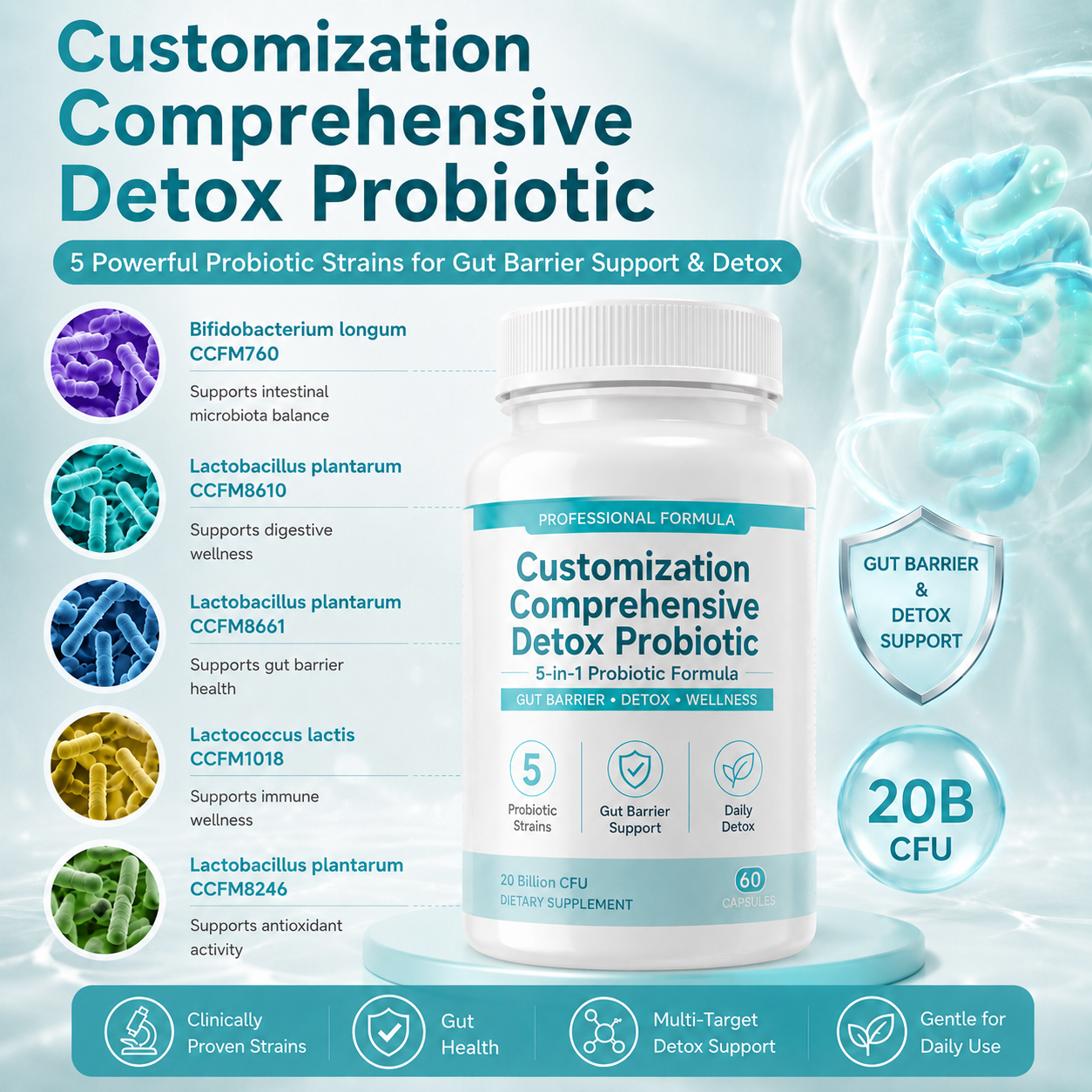 OEM ODM Gut Barrier Detox Probiotic Premix Powder Multi-Strain Formula With Clinically Proven Strains And 5-layer Encapsulated