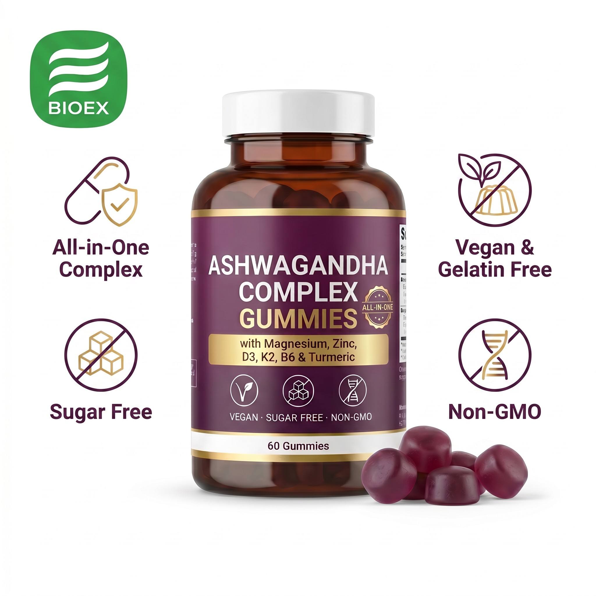 Organic Ashwagandha Complex Gummies With Magnesium Zinc Vitamin D3 K2 B6 Turmeric Vegan Sugar Free Private Label OEM Wholesale