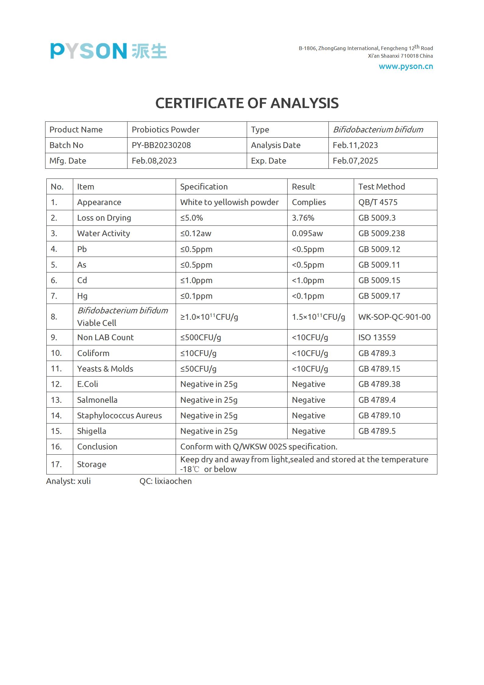 High Quality and Purity 300 Billion Viable Cell Probiotics Powder Bifidobacterium Bifidum