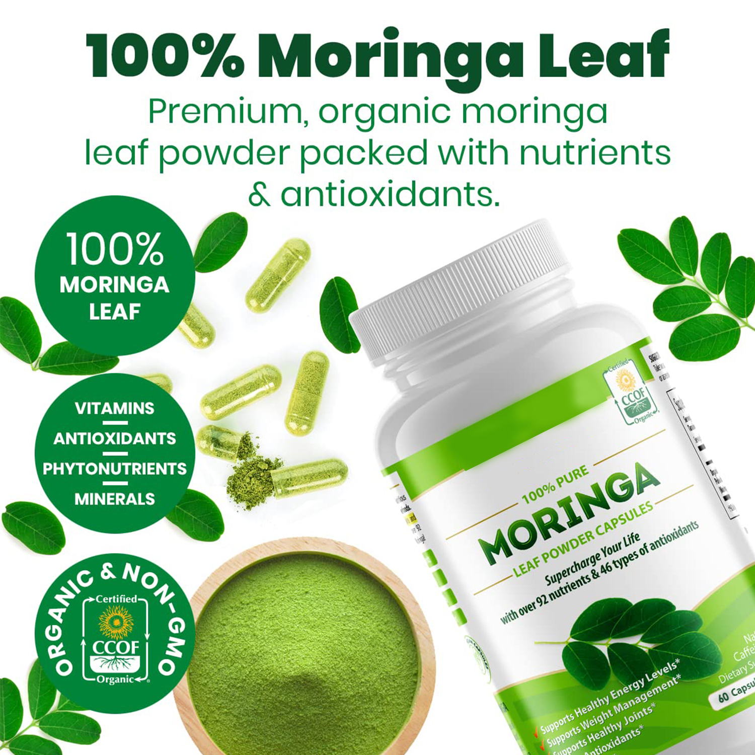 Biochealth GMP Halal Organic Moringa Capsules - Pure Moringa Oleifera Leaf Powder Supplement | Super Greens Powder Pills