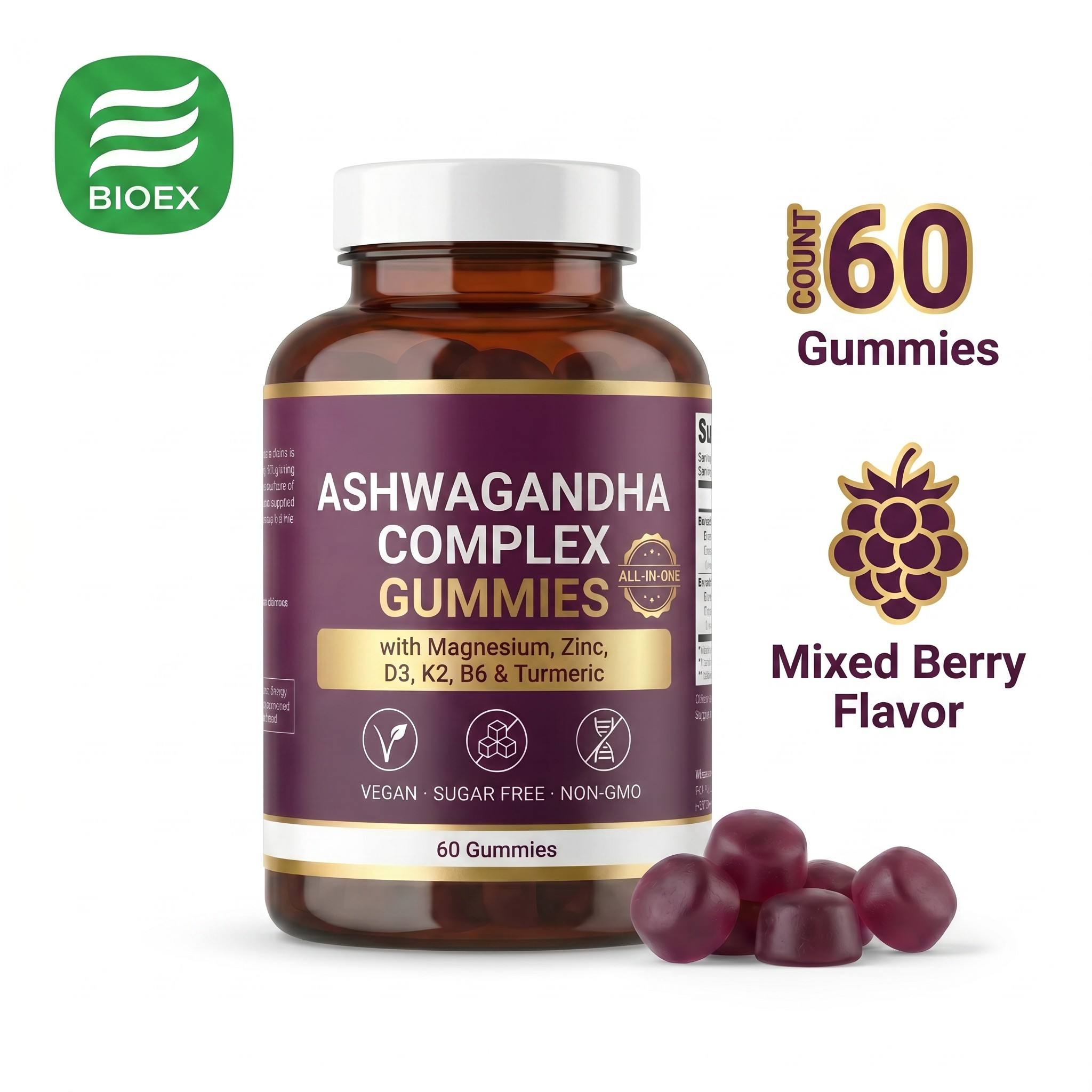 Organic Ashwagandha Complex Gummies With Magnesium Zinc Vitamin D3 K2 B6 Turmeric Vegan Sugar Free Private Label OEM Wholesale