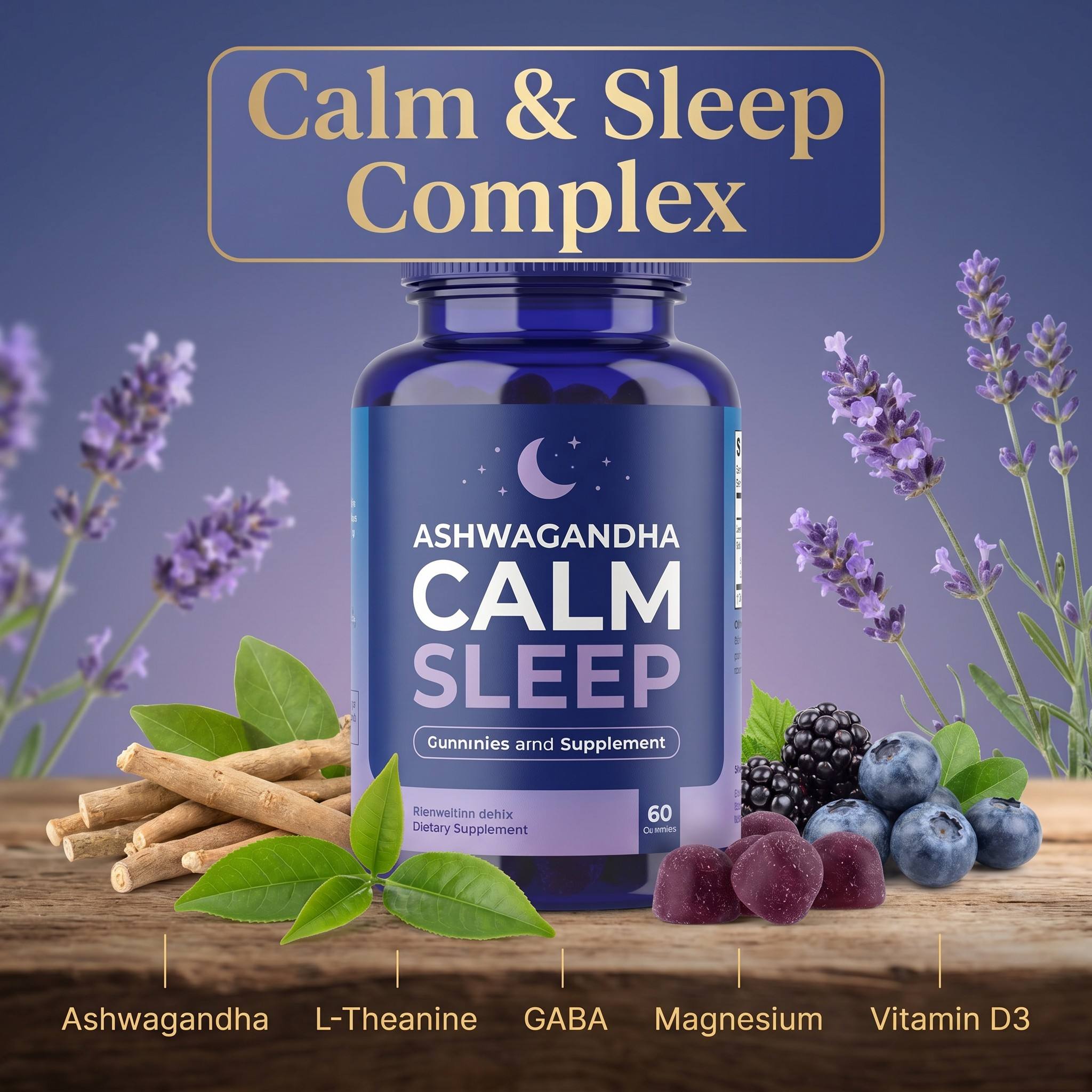 Ashwagandha L-Theanine GABA Magnesium Vitamin D3 Gummies Mixed Berry Vegan Sugar-Free Calm Sleep Support Ashwagandha Gummies