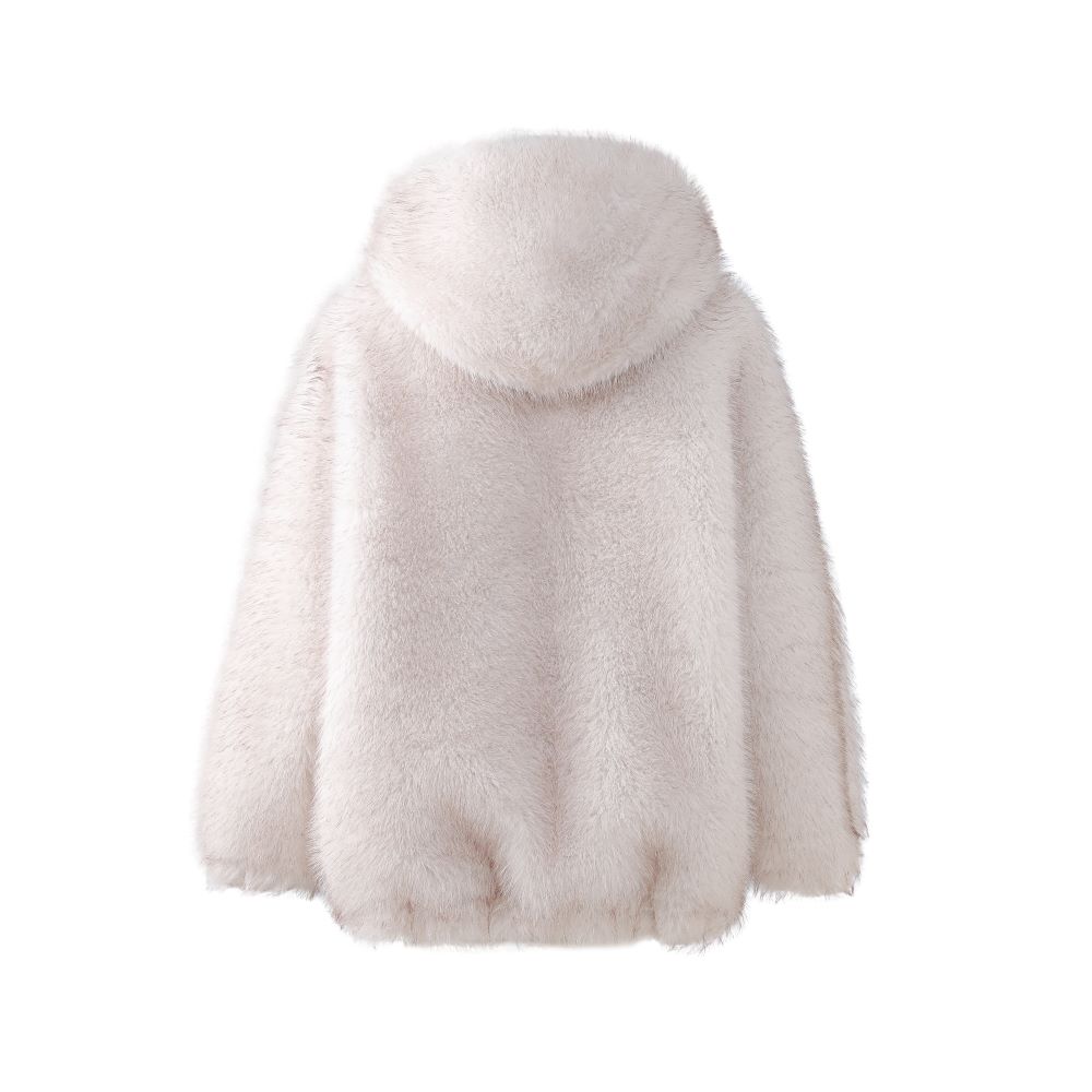 Women's Winter Short Woven Faux Fur Parka Slim Vintage Bamboo Fiber Breathable Thick Jacket Hood Single Breasted Closure Raw