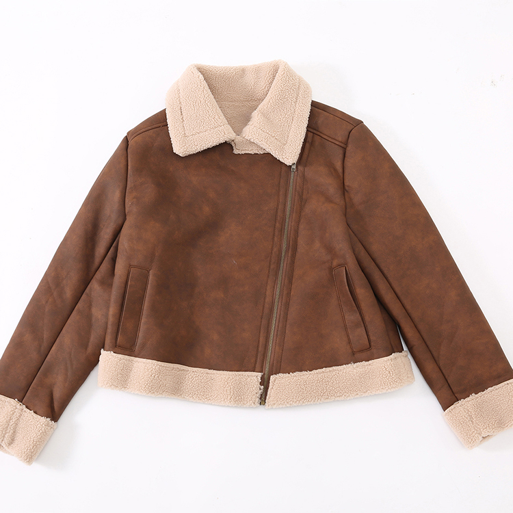 Custom Fashion New Design Long Sleeve Brown Color Zipper Faux Suede Jacket Women's Jacket