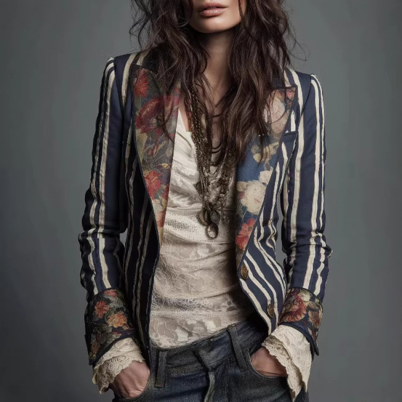 Fashionable European Women's Blazer in Vibrant Striped Design