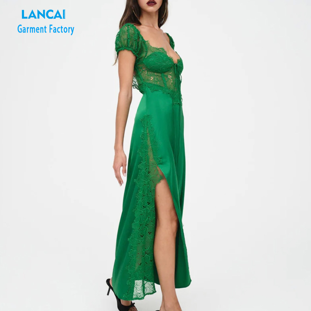 Ladies Sexy Party Club Corset Lace Evening Gown High Slit Embroidery Satin Evening Dresses for Women