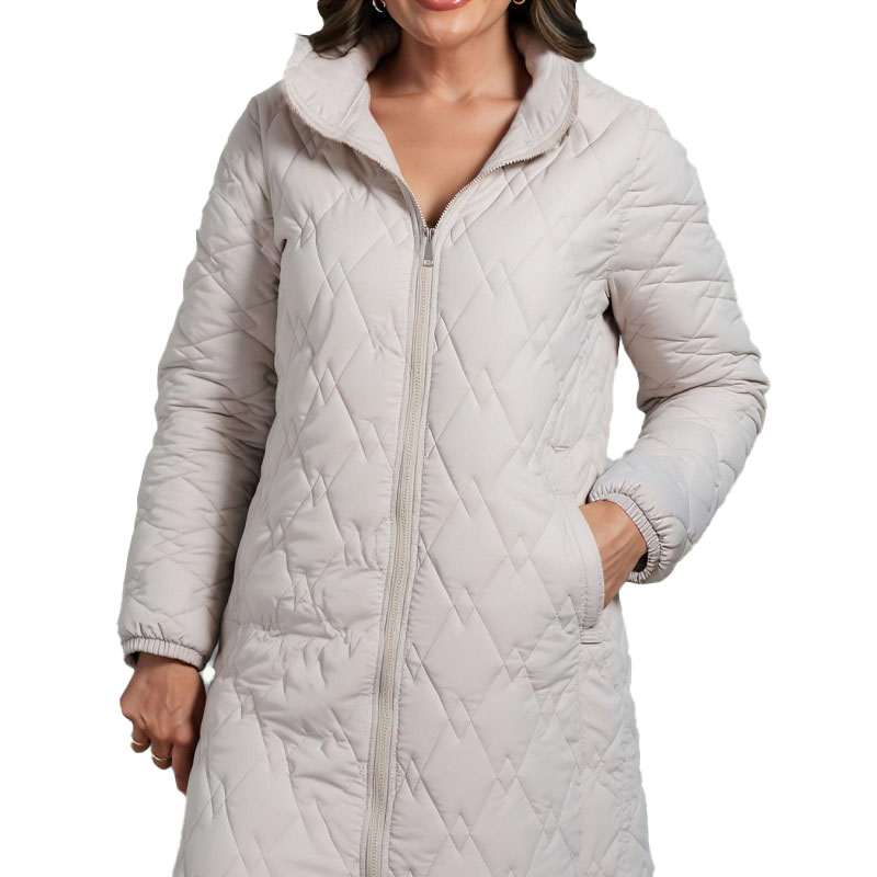 Elegant Beige Quilted Hooded Parka Women's Mid-Length Winter Outerwear Windproof Zipper Stripe