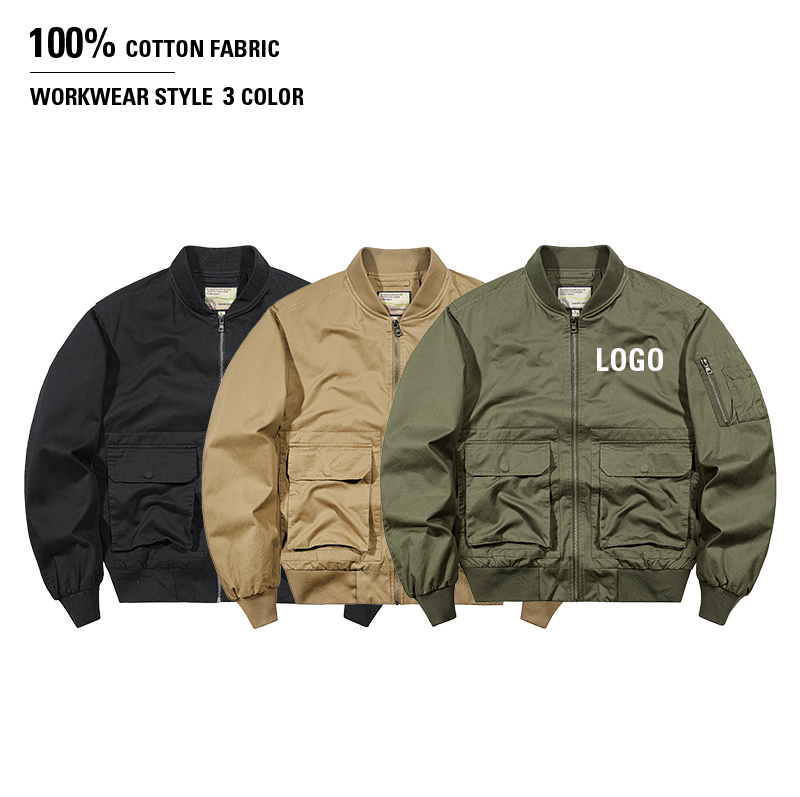 Winter Formal Windproof Cotton Vintage Work Bomber Jacket with Stand Collar and Custom Logo for Men and Women