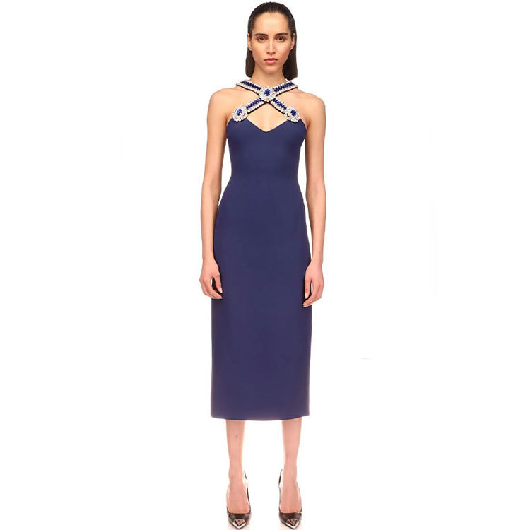 New Diamond V-neck Split Sleeveless Temperament Senior Banquet Evening Dress Back Zipper Mid-length Waist Dress