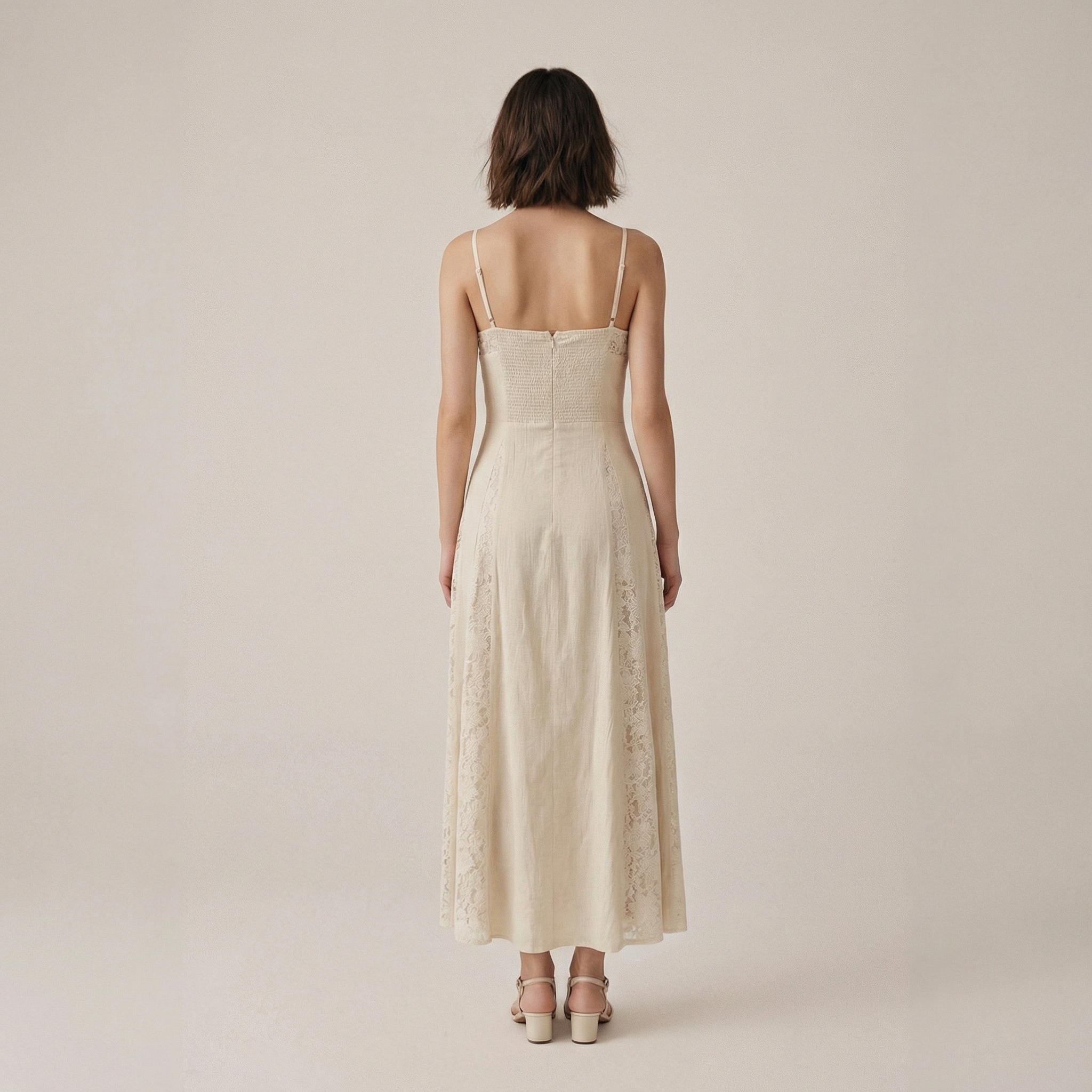 Women Ivory Lace Panel Maxi Dress Sweetheart Neck Spaghetti Strap Smocked Back A-Line Summer Vacation Long Dress