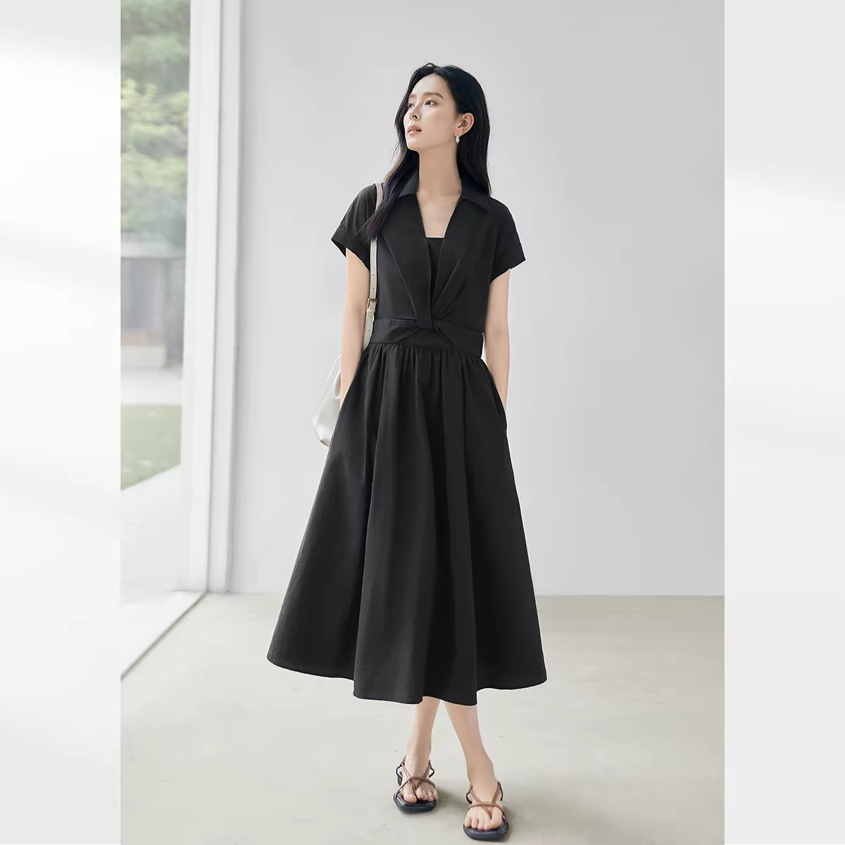 Ladies 100% Cotton Maxi Dress White Long Sleeve Pencil Waist Shirt Dress Casual ODM Summer Style Breathable and Solid Pattern