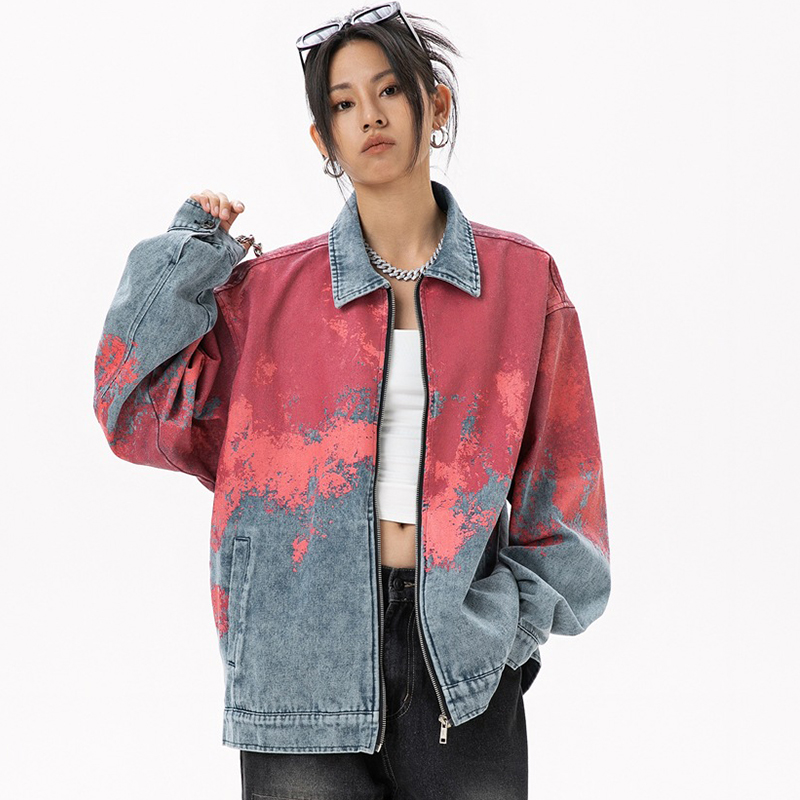 Women's Denim Jean Jacket Women Casual Outwear Fall Jacket Denim Zipper up Coat Oversize Printed Denim Jacket for Ladies
