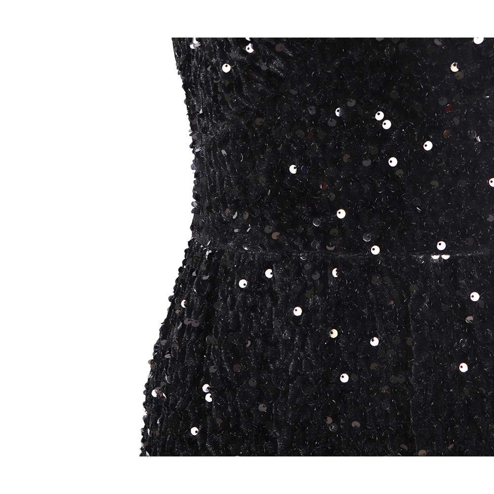Hot Sale Solid Color Sequin Trumpet Prom Dresses Polyester Elegant Women Dress Sleeveless Black V-neck Evening Dresses