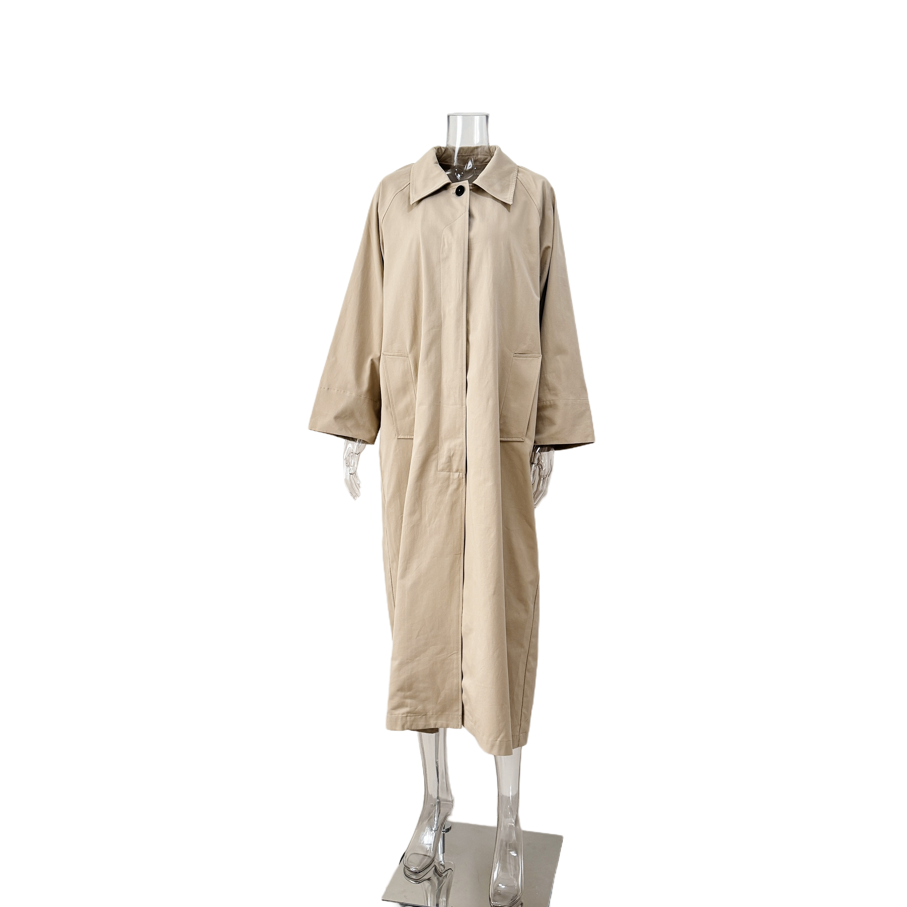 Enyami Wholesale Custom Medium Khaki Lapel Buttons Long Sleeves High Quality Casual Trench Coat Women Overcoat With Pocket