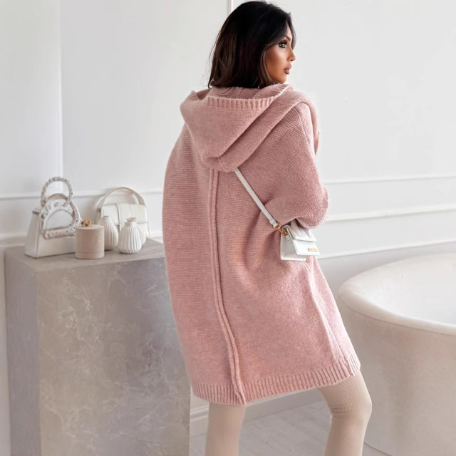 Women's Long Knit Cardigan Sweater Gentle Loose Buttonless Pink Hooded Coat Autumn Solid Classic