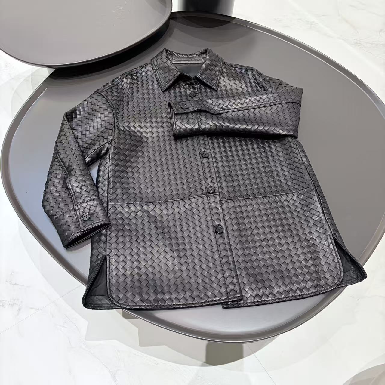 New Style Black Woven Leather Jacket Women Shirt Collar Mid Length Coat with Side Split Single Button Autumn for Outdoor