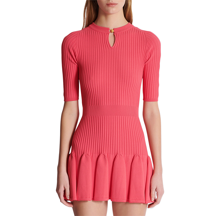 Wholesale Custom Elegant Shortsleeve Empire Waist Ladies' Knitted Evening Dress Ruffles Rib Merino Wool Women'S Sweater Dress