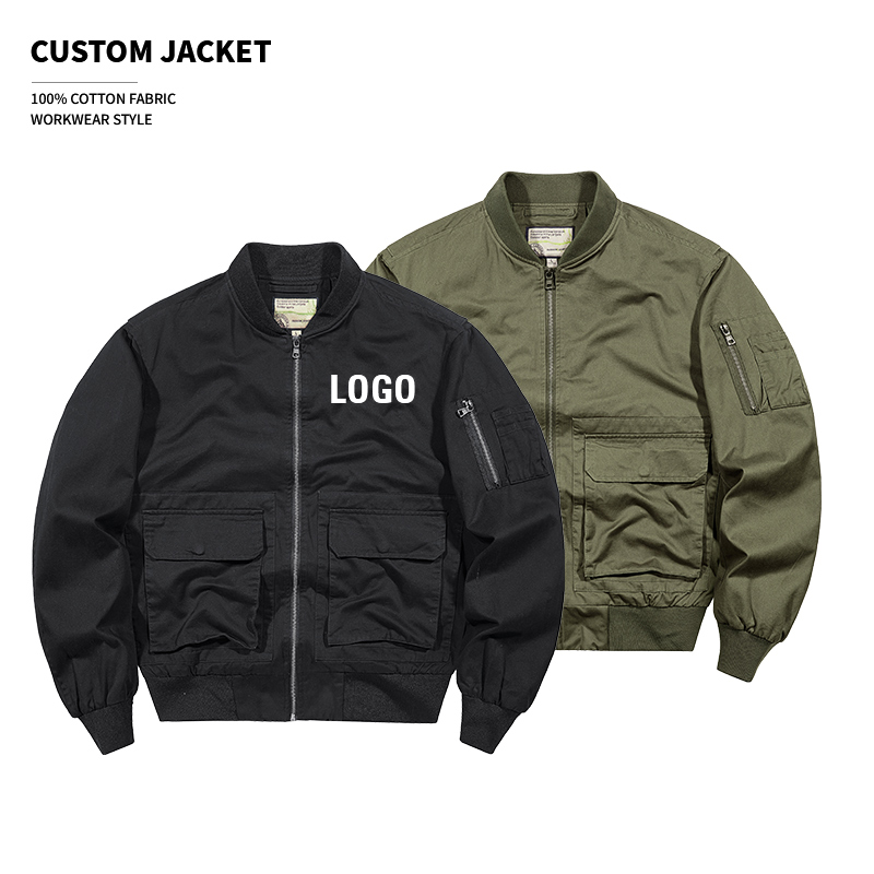 Winter Formal Windproof Cotton Vintage Work Bomber Jacket with Stand Collar and Custom Logo for Men and Women