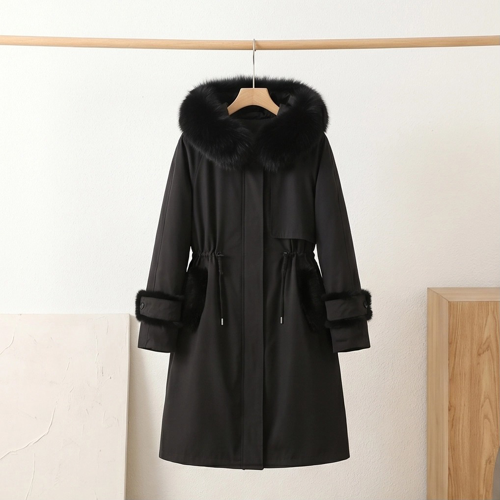 Women's Fox Fur Collar Parka with Mink Fur Lining Mid-Length Drawstring Waist Winter Coat OEM ODM