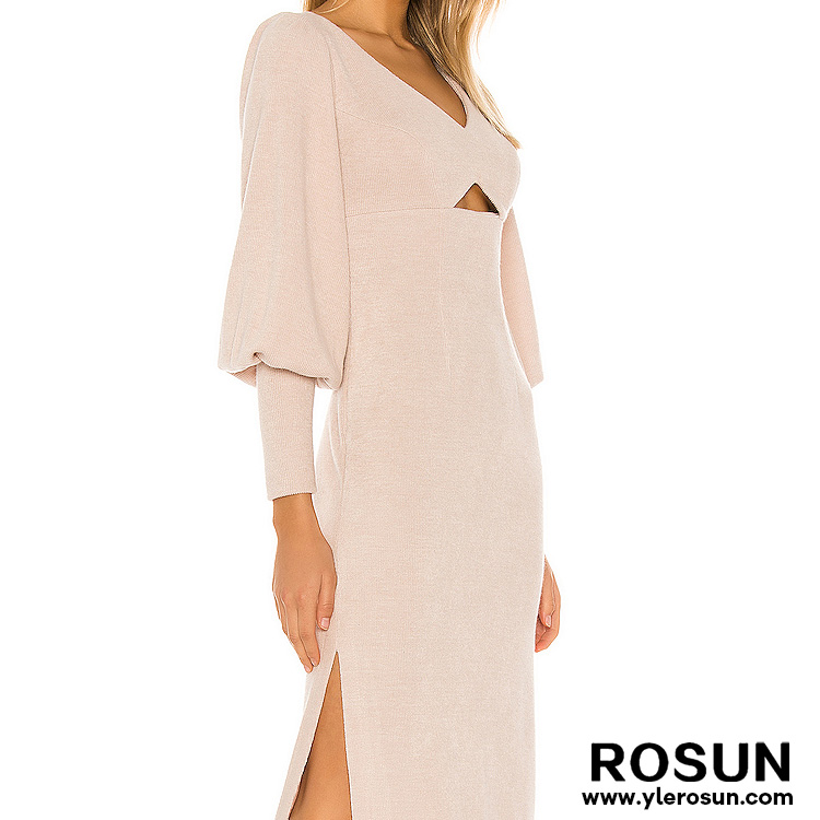 Customized Ladies Knitted Maxi Dress with Puff Sleeves V-Neck Cut Out Nice Design Plus Size Casual