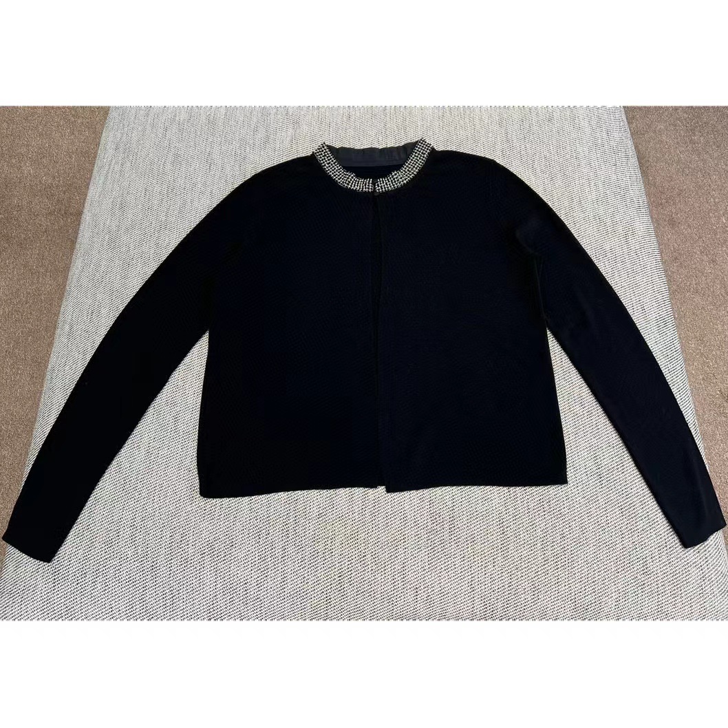Women's Crewneck Knitted Cardigan, with Bead Embroidery at the Neckline, Single Button, Spring and Autumn Fashion Leisure Coat