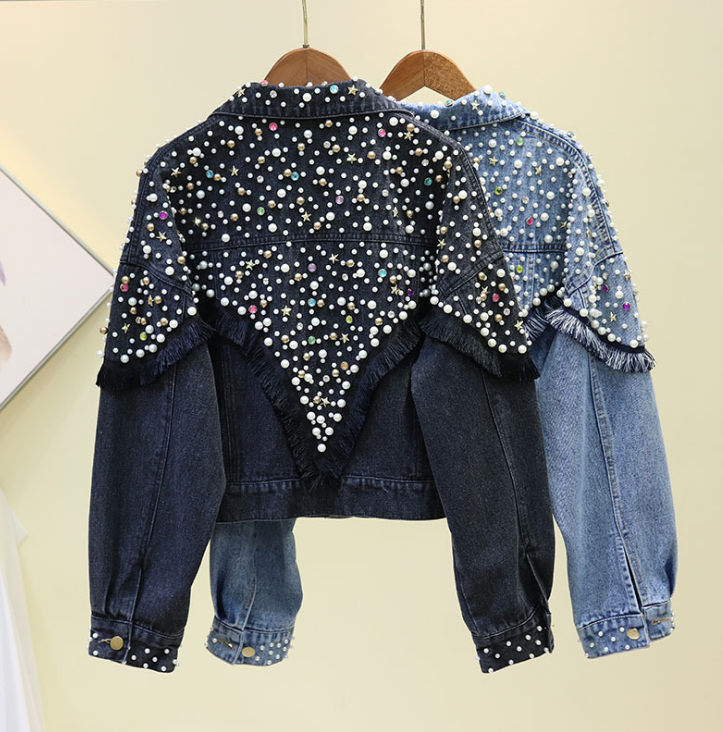 Luxury Ladies Pearl Diamond Long Sleeve Coat Women Denim Jacket With Bead